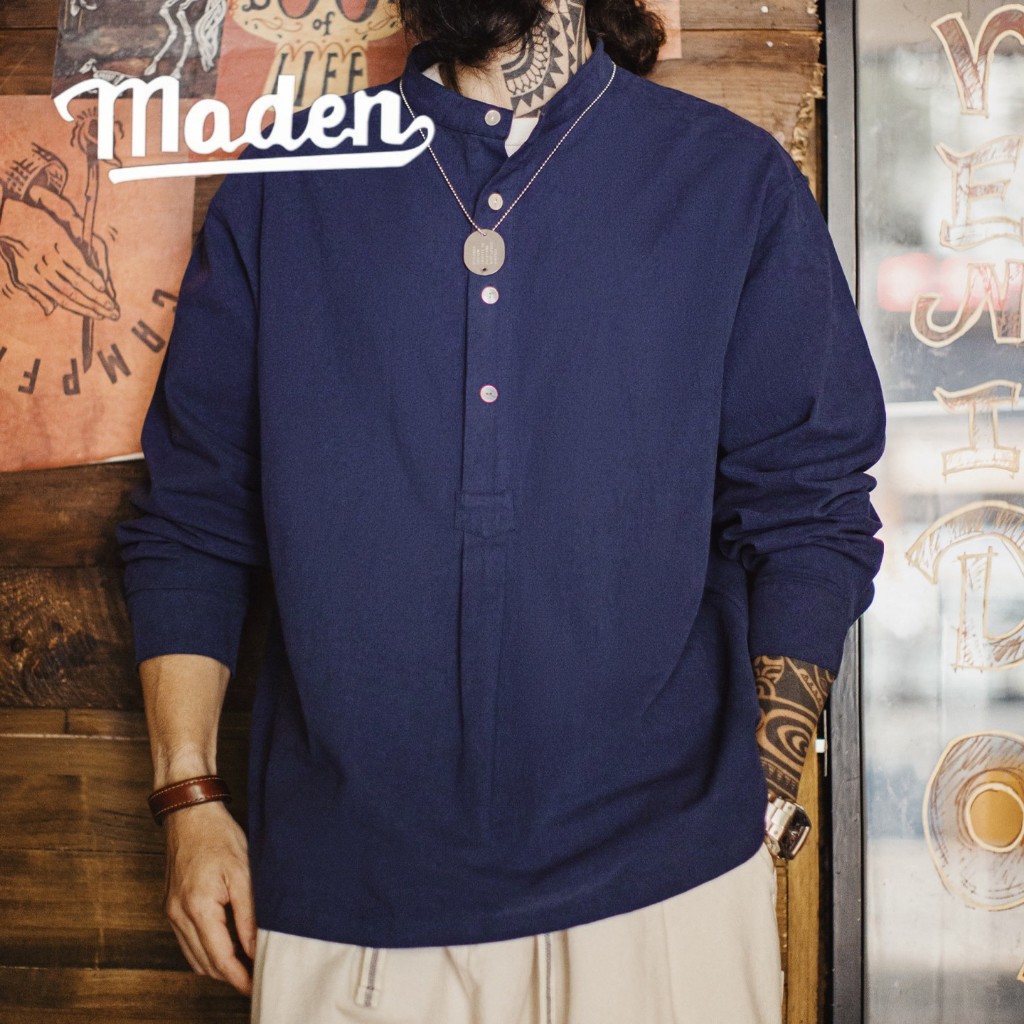 Maden Áo sơ mi nam retro cổ đứng màu xanh navy, 100% cotton