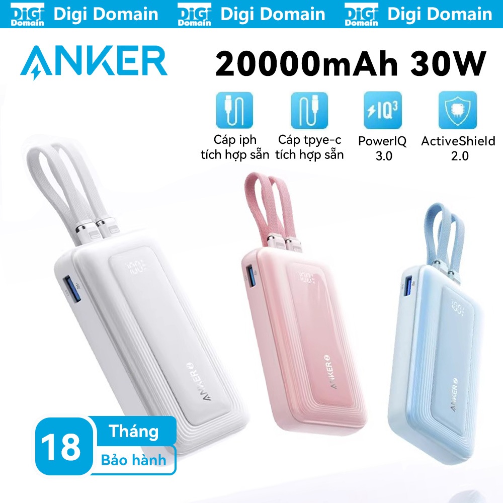 ANKER 30W Sạc dự phòng 20000mAh tích hợp 2 dây sạc nhanh (iPH & Type-C)  pin dự phòng  Bảo hàn 18 - 