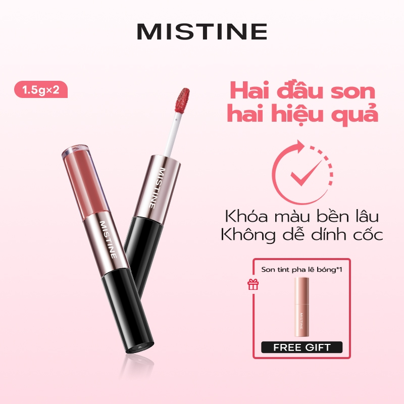 MISTINE Hai kiểu trang điểm môi Mềm mịn mỏng nhẹ Khóa màu bền lâu Không dễ dính cốc, Phiên bản thân son màu đen 1.5g+1.5g