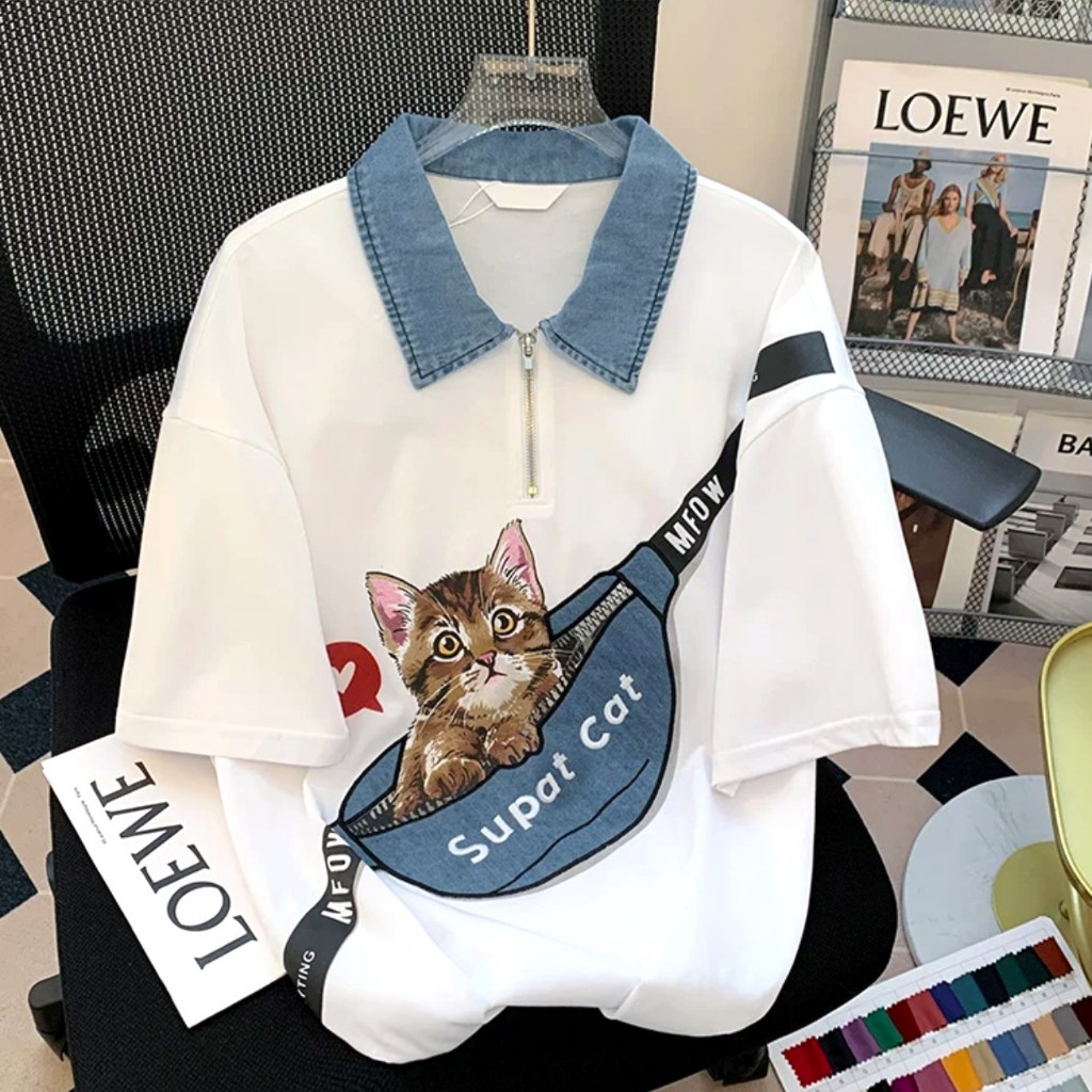 Cool Girl Street Night Market - Áo Thun Cổ Polo Họa Tiết Rời từ Cotton Nguyên Chất