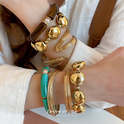 DREJEW 3 Vòng Tay Hạt & Dây Nữ Màu Vàng Tối Giản Thiết Kế Đậm Thời Trang Hàng Ngày Hợp Thời Trang Phụ Kiện Trang Sức