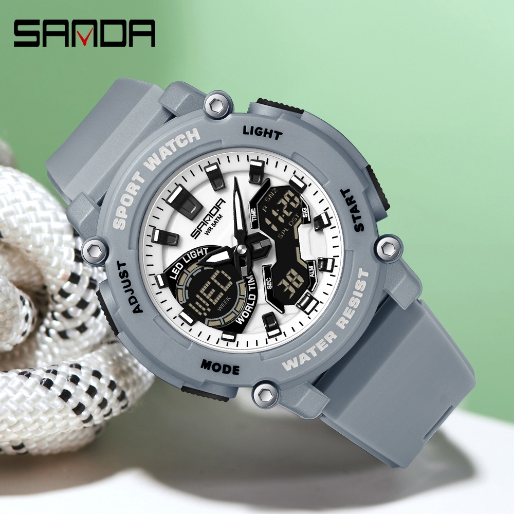 Đồng hồ đeo tay học sinh thể thao màn hình kép SANDA 3374 Đồng hồ điện tử chống nước 5ATM chống nước