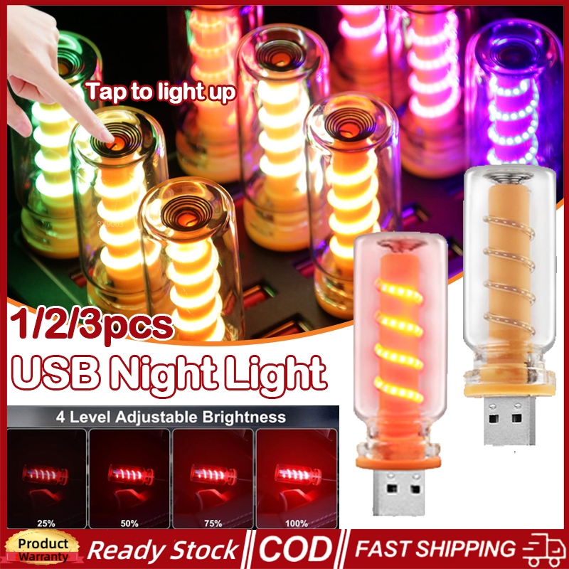 3 Chiếc Ô Tô USB LED Xoắn Ốc Dây Tóc Cảm Ứng Làm Mờ Bóng Đèn 5V Retro Bóng Đèn LED 1W Đèn Ngủ Cắm Tr