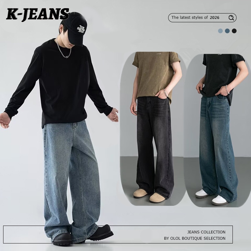 K-JEANS quần jean nam cao cấp baggy ống rộng siêu rộng wash vintage xanh nhạt pha trộn vải cotton co giãn mát mẻ bền màu may phối chỉ có túi lớn