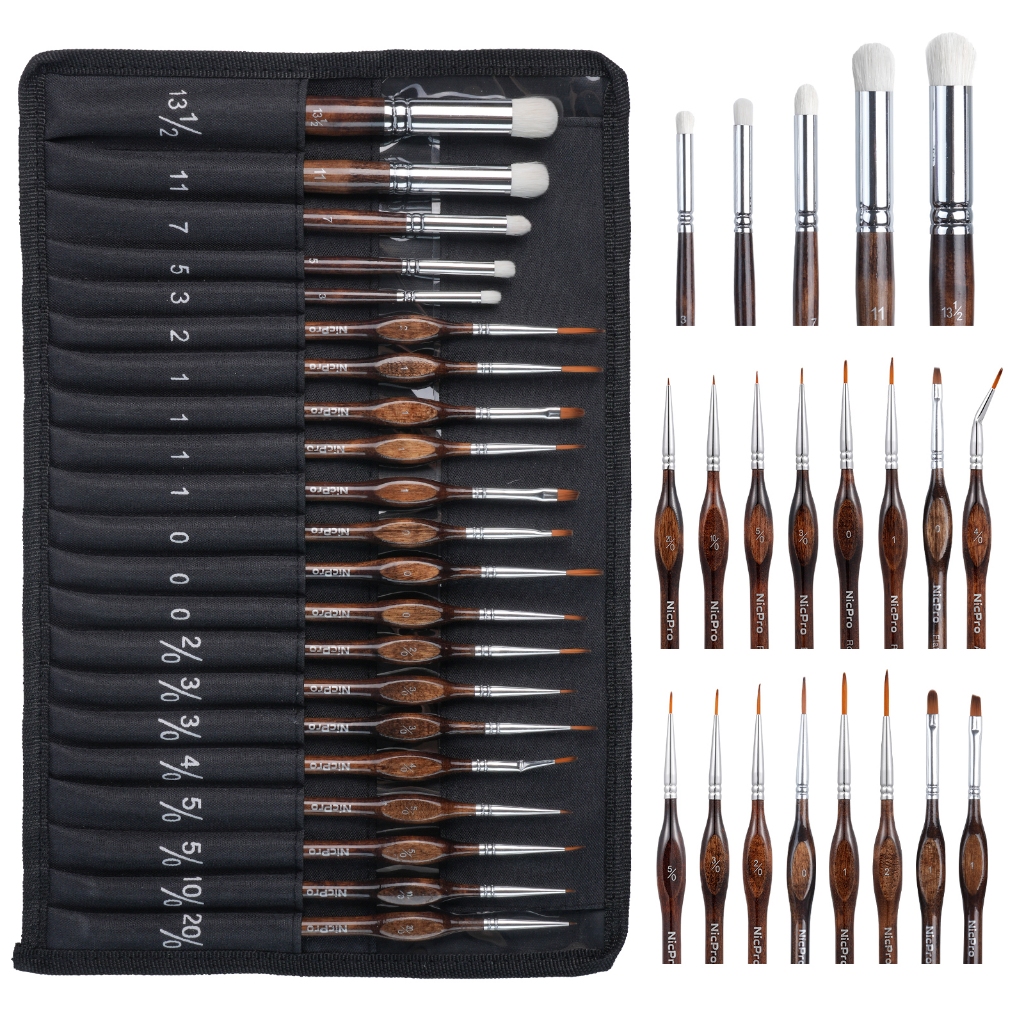 Bàn chải sơn thu nhỏ Nicpro Bàn chải khô - Bộ bàn chải sơn mô hình 21 chiếc có cuộn vải cho màu nước