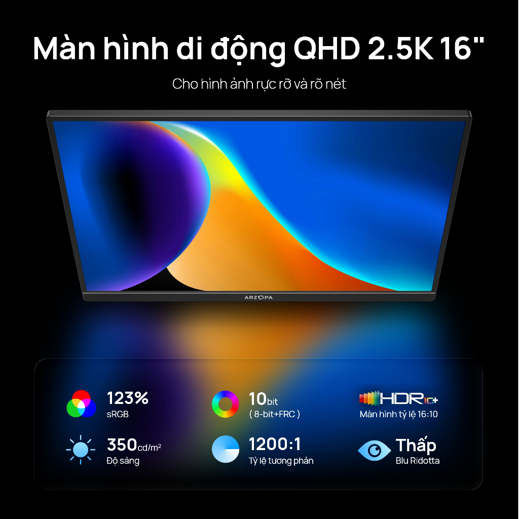 ARZOPA Z1RC, Màn hình di động 16 "2.5K, Giá đỡ chân đế HDR 2560x1600, Màn hình máy tính xách tay HDMI 500nits 8bit QHD USB-C, Màn hình IPS 16: 10 cho điện thoại Mac PC PS Xbox Switch | BigBuy360 - bigbuy360.vn