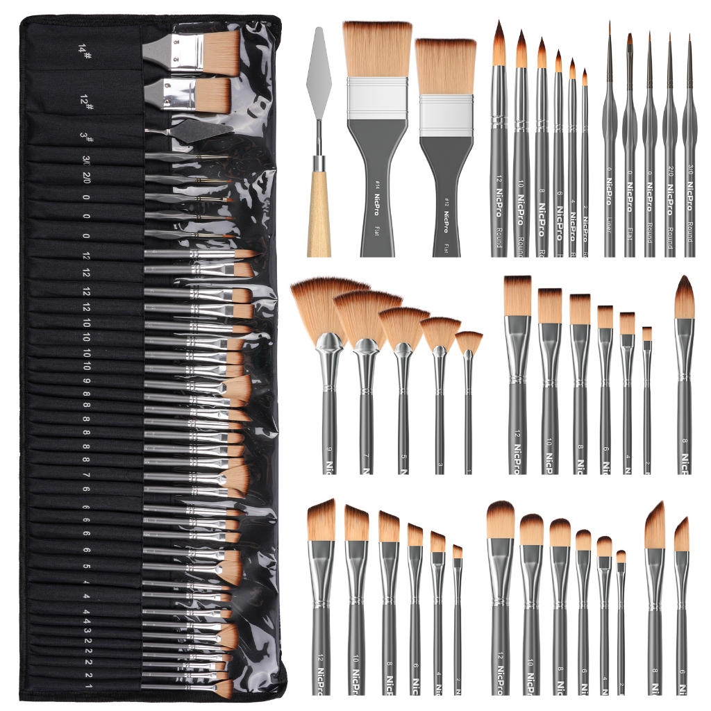 Bộ cọ sơn Nicpro 40 CÁI, Bàn chải sơn acrylic chuyên nghiệp có bảng màu dao và cuộn vải, Thích hợp c
