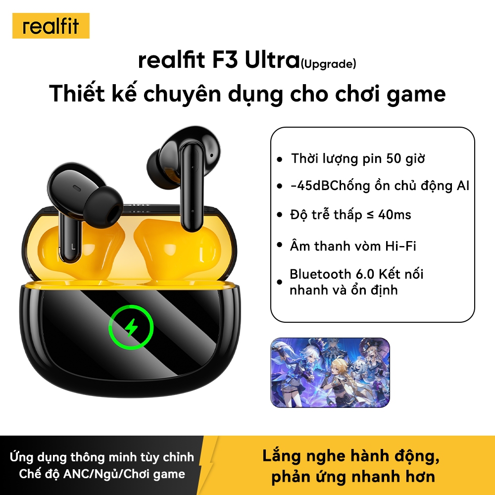 [Hàng mới về] Tai nghe Bluetooth Realfit F3 Ultra ANC, Bass lớn, Điều khiển ứng dụng, Thời gian chơi dài Bluetooth 60,50H, Độ trễ thấp UItra-Low