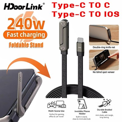 Cáp sạc nhanh HdoorLink 240W có giá đỡ có thể gập lại Dây dữ liệu sạc 2IN1 Type-C sang C / IOS