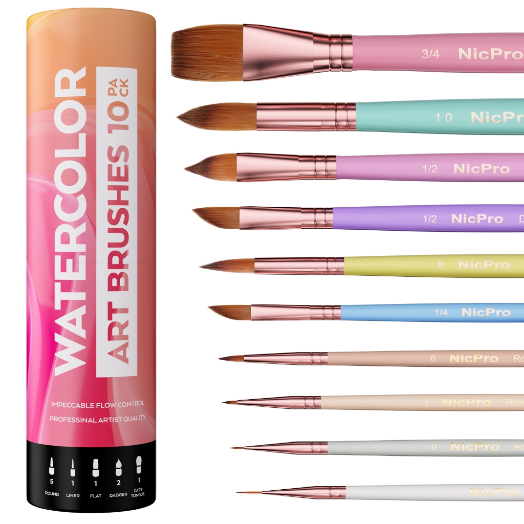 Nicpro 10 Chiếc Bàn Chải Màu Nước, Bộ Bàn Chải Sơn Màu Nước Chuyên Nghiệp Thẩm Mỹ, Bàn Chải Màu Nước