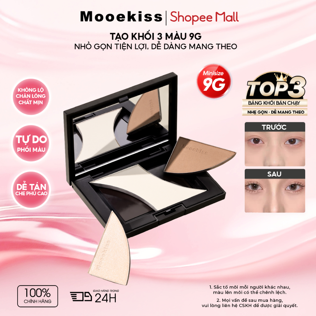 [KOL] Bảng tạo khối 3 màu Mooekiss tích hợp contour và highlight trong một, dễ sử dụng cho người mới bắt đầu 9g