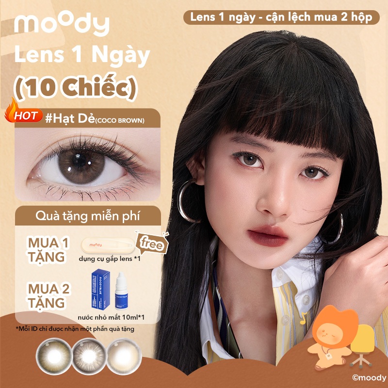 Set 10 chiếc kính áp tròng moody,Lens 1 ngày Màu nâu tự nhiên, giãn tròng 14.2 - 14.5mm, Nâu Lục BST
