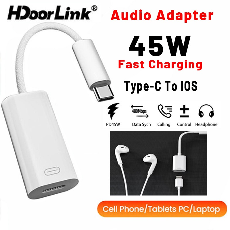 Bộ chuyển đổi âm thanh tai nghe HdoorLink Type C sang iOS 45W Cáp sạc USB C cho Android iOS 17 16 15