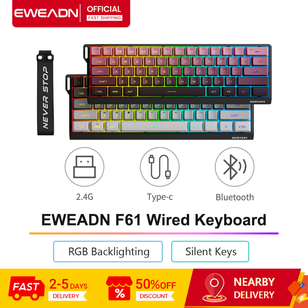 Bàn phím có dây EWEADN F61, Phím yên tĩnh, Bố trí 61 phím, Đèn nền RGB, Bàn phím chơi game