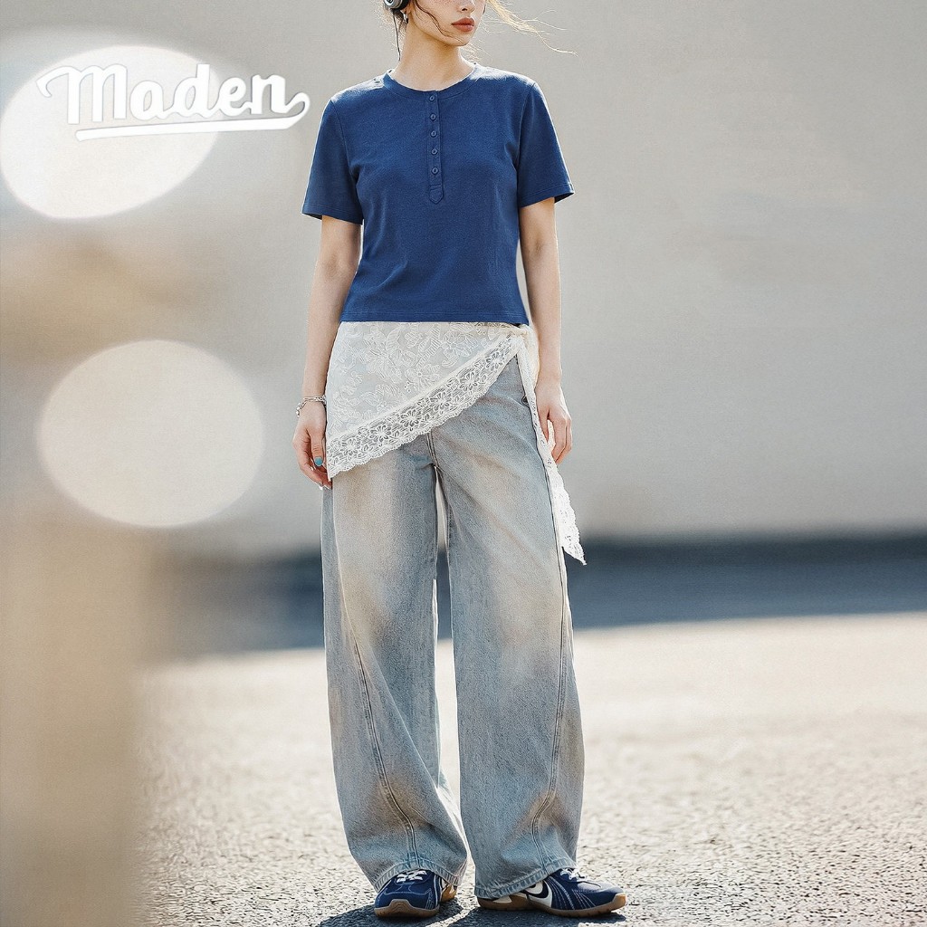 Maden Quần Jean Thẳng Ống Rộng Phong Cách Retro Mỹ, Nẹp Cong Kéo, Giày Cũ Kỹ, Hợp Mùa Xuân