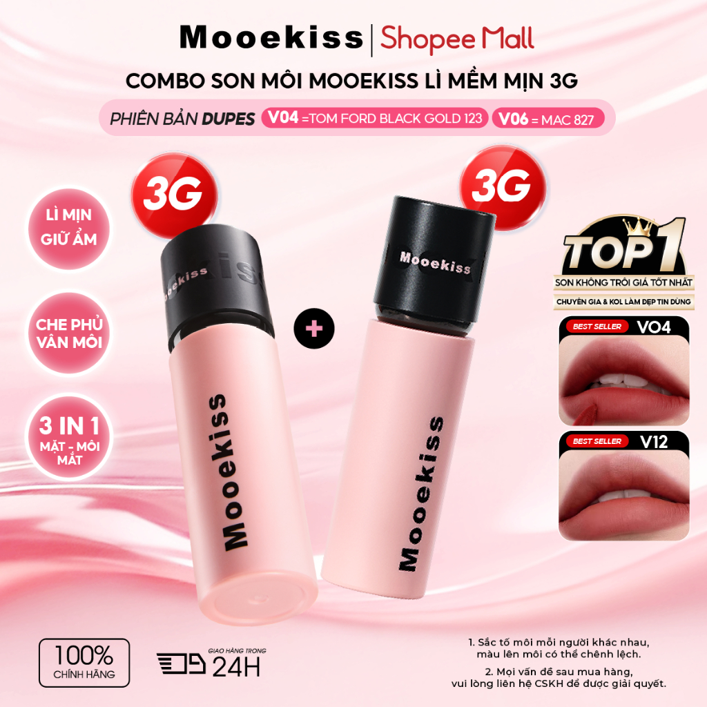 [KOL Combo 3gx2] Combo 2 son Mooekiss Cloudy Matte Lip Mud tông nude hiện đại, hiệu ứng lì mờ, hạn c