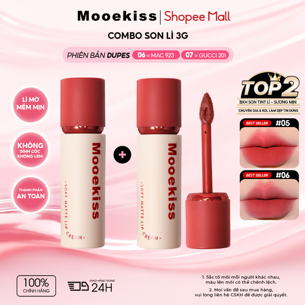 [Live Combo 2] Combo 2 son lì Mooekiss khóa màu, chất son mịn nhẹ môi, bảng 6 màu dễ phối makeup 3gx2