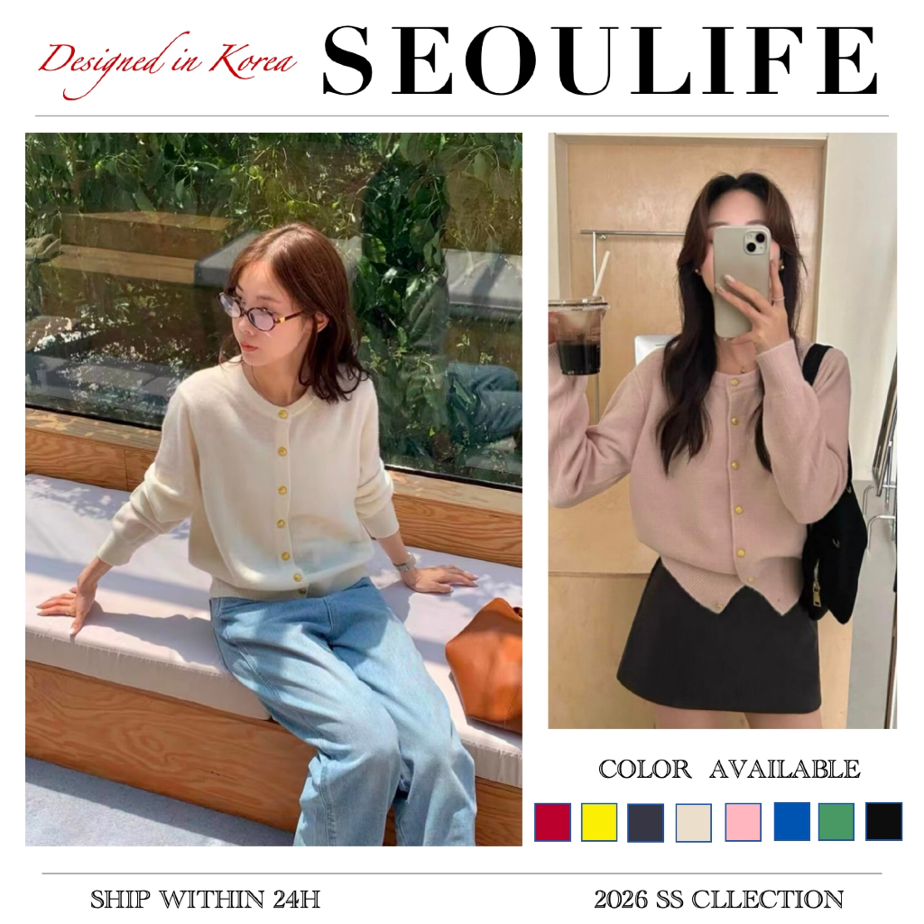 SEOULIFE | Áo len dệt kim nút vàng dành cho nữ, Áo len dài tay cổ tròn, vừa vặn quá khổ, giảm béo & dễ phong cách