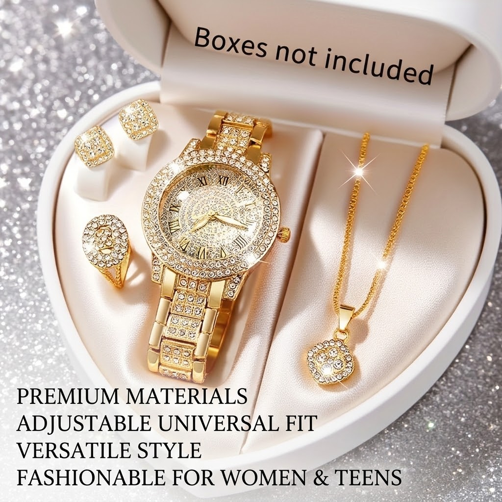 Bộ đồng hồ thạch anh 5 mảnh thanh lịch dành cho nữ Quà tặng kim cương giả cho mùa xuân