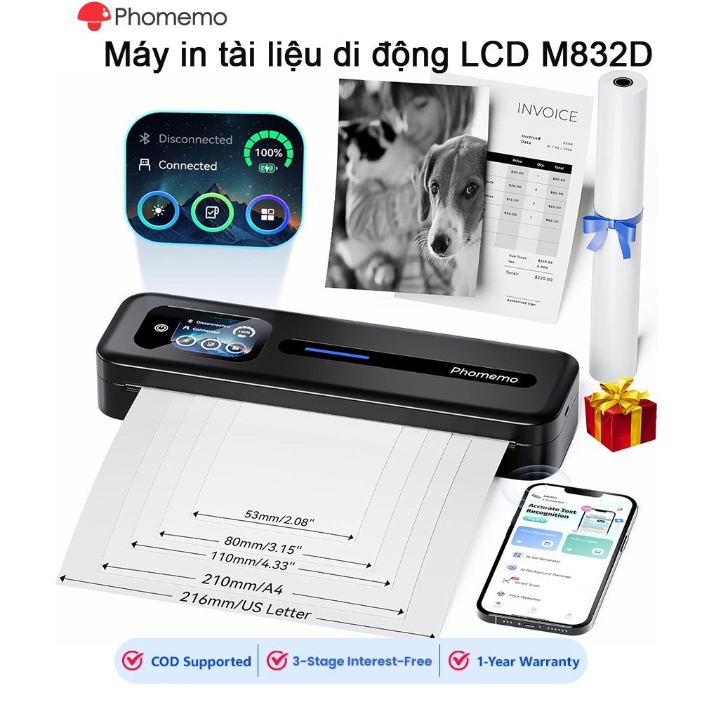 Phomemo M832D Máy in A4 di động nâng cấp có màn hình cảm ứng, Máy in không mực nhiệt không dây Bluet
