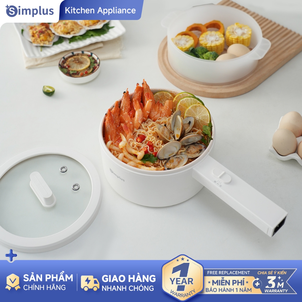 Simplus Nồi lẩu điện 1.8L có tay cầm dài, công suất 600W, nấu đa năng, nồi chống dính phủ men gốm ti