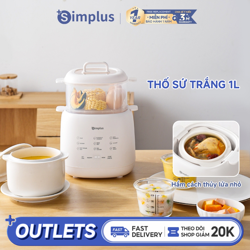 Simplus Nồi nấu chậm– dung tích 1L – hầm cách thủy – menu cài đặt thông minh – nấu canh, cháo, trứng hấp – phù hợp đồ ăn dặm cho bé DDGU002