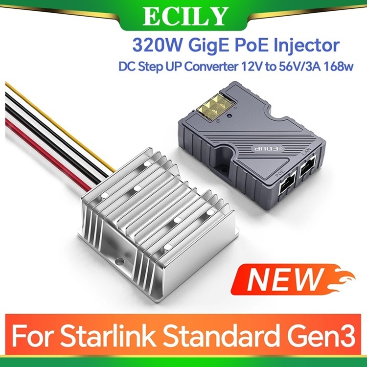 ECILY 9603GSPRO 320W GigE PoE Injector 8KV Chống sét Starlink Gen3 Bộ chuyển đổi DC 12V sang 56V 3A 
