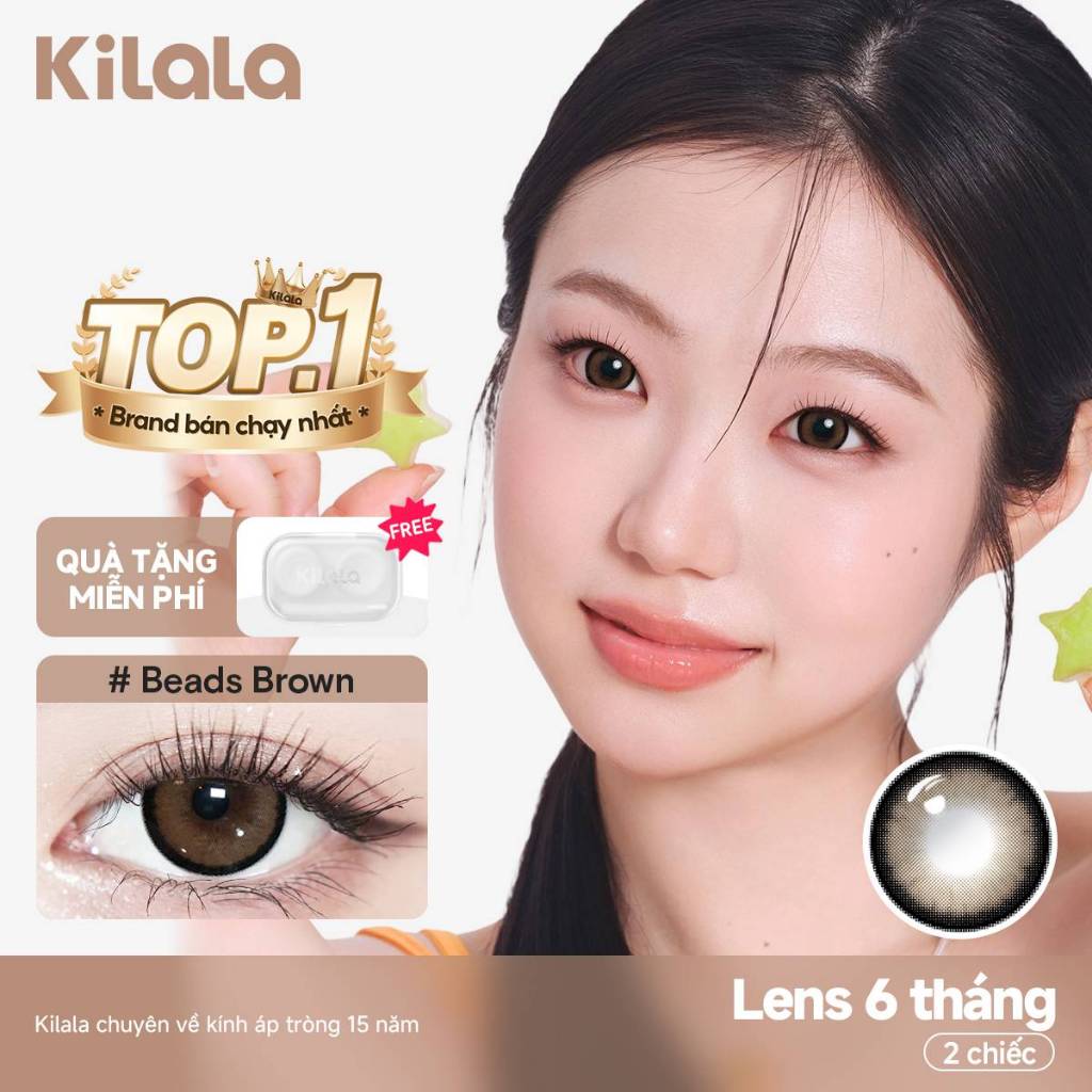 【Deal ưu đãi】Lens nâu tự nhiên Kính áp tròng Kilala lens 6 tháng Beads Brown/Almond Green-Grey có cậ