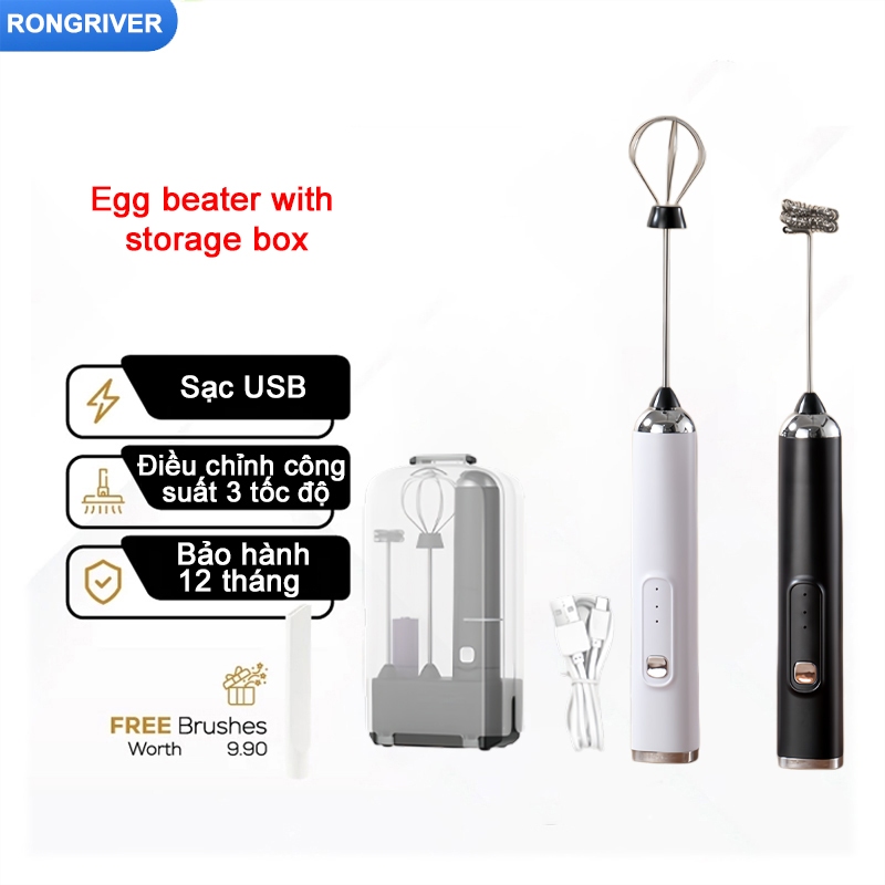 RONGRIVER Máy Tạo Bọt Cafe, Máy Đánh Trứng Mini Cầm Tay Sạc Pin 3 Cấp Độ Tặng Kèm 2 Đầu Đánh Chuyên Dụng Bao gồm hộp lưu trữ