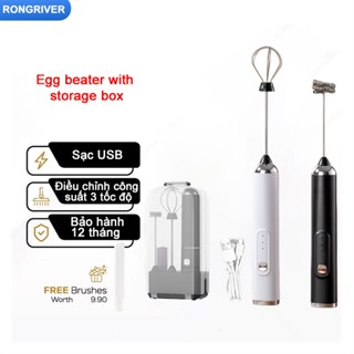 RONGRIVER Máy Tạo Bọt Cafe, Máy Đánh Trứng Mini Cầm Tay Sạc Pin 3 Cấp Độ Tặng Kèm 2 Đầu Đánh Chuyên Dụng Bao gồm hộp lưu trữ