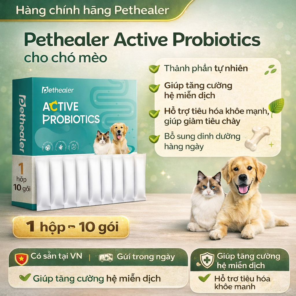 Probiotics cho chó mèo + 10 gói hộp + hỗ trợ tiêu hóa + giảm tiêu chảy + có sẵn VN + gửi trong ngày