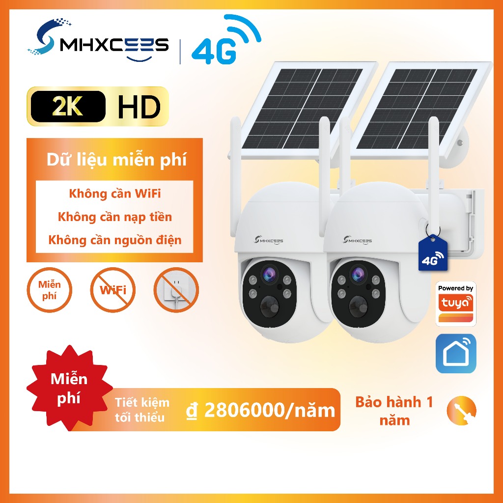 MHXCEES Camera 4G năng lượng mặt trời ngoài trời, không WiFi, xoay 360° 2K – Bộ 2 camera
