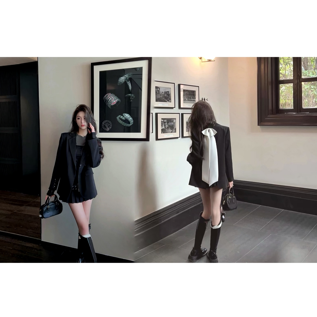 Áo Khoác Blazers Nữ Oversize Retro with Đen Nơ, Phù Hợp Outfit Công Sở và Style Retro