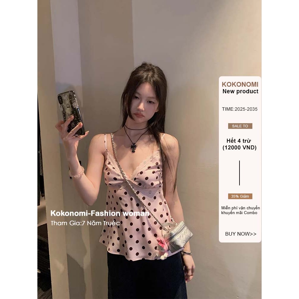 KOKONOMI Áo yếm ren chấm bi màu nâu hồng