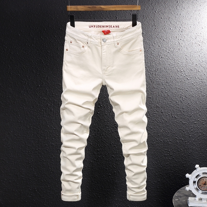 High-quality fashionable vintage men jeans beige stretch slim-fitting jeans casual vintage men denim