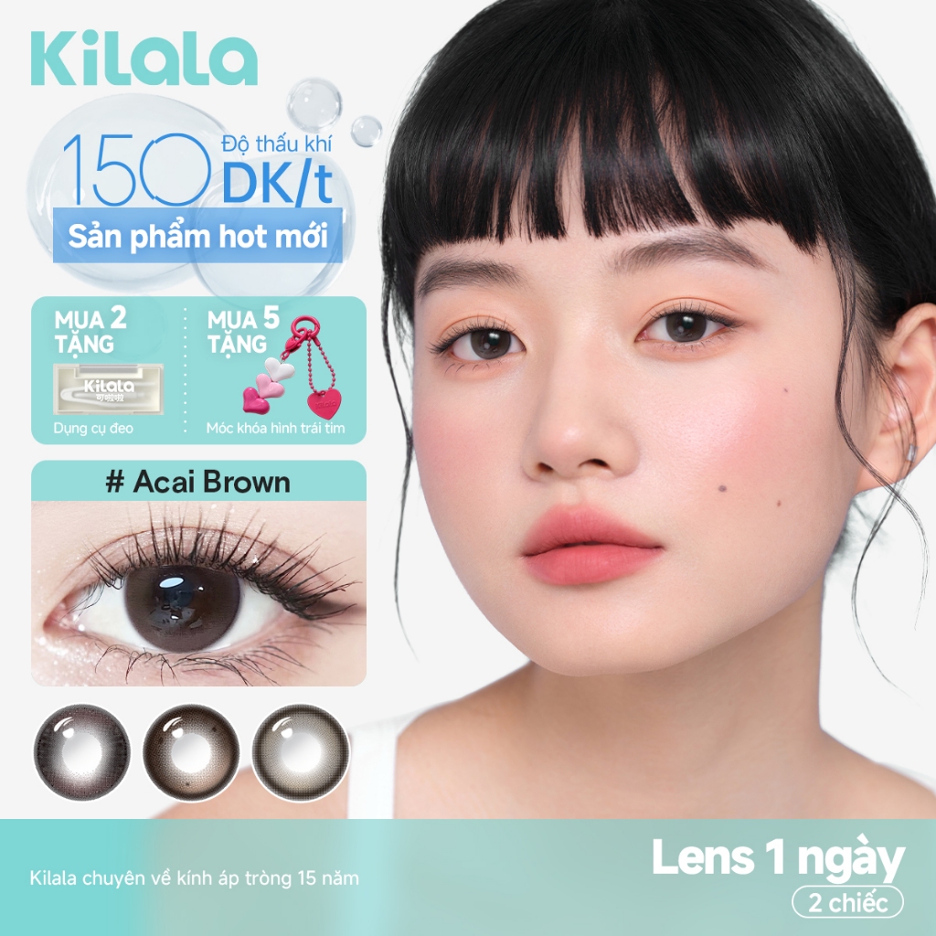 Kính áp tròng Kilala lens 1 ngày màu xám  DIA 14.2mm Acai Brown/ Coconut Grey lens cận có độ ( 0-7 )