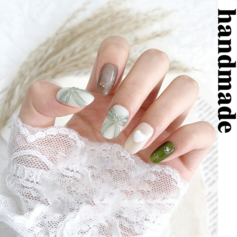 Bấm vào móng tay handmade [Aomori Letters] handmade Làm móng tay có thể đeo được Mori Series Màu nâu