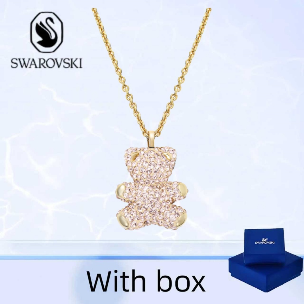 Swarovski (có hộp) mua vòng cổ trang sức bạc nguyên chất Vòng cổ pha lê hình gấu hồng Swarovski