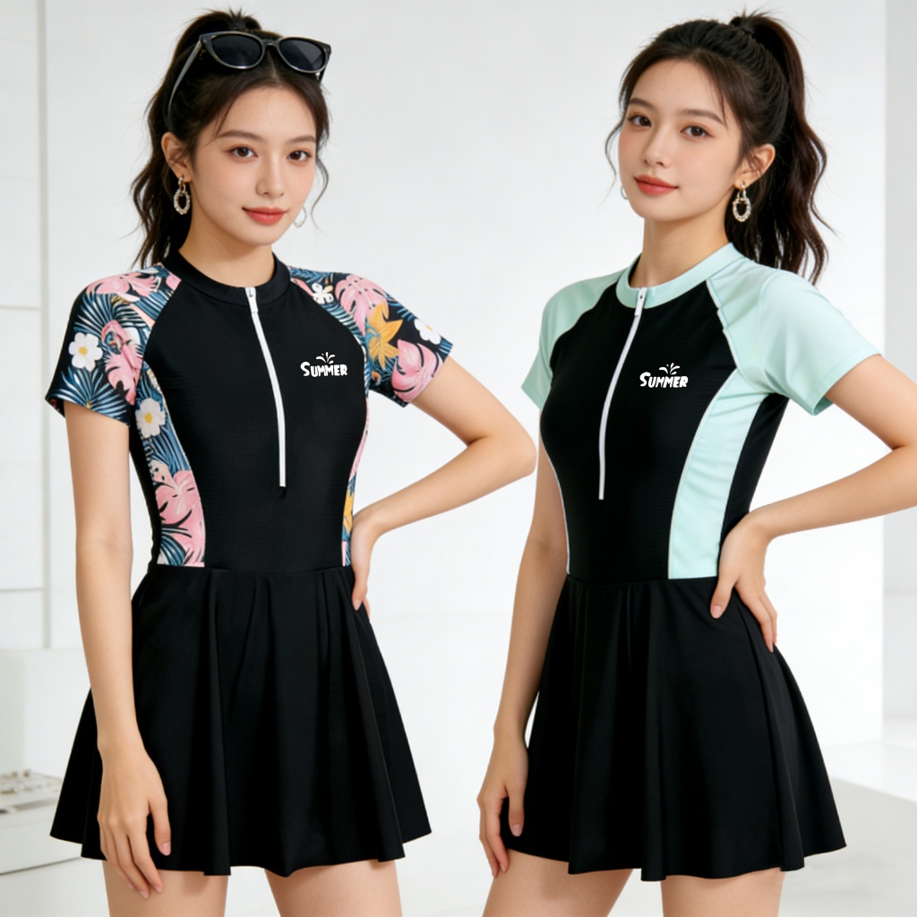 Bộ đồ bơi nữ mới mùa hè, áo tay dài màu đen - hồng - trắng, chống nắng, chống tia UV, khóa kéo phía trước, phù hợp mặc ở bãi biển và hồ bơi. | BigBuy360 - bigbuy360.vn