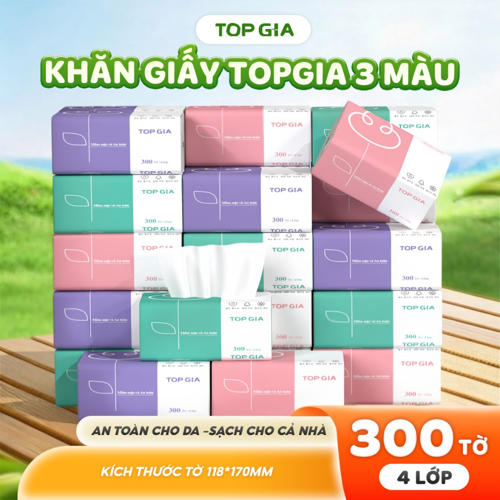 Thùng 30 gói giấy ăn rút Topgia 3 màu cao cấp 4 lớp, mềm mịn, thấm hút tốt thùng 16/30/46 gói