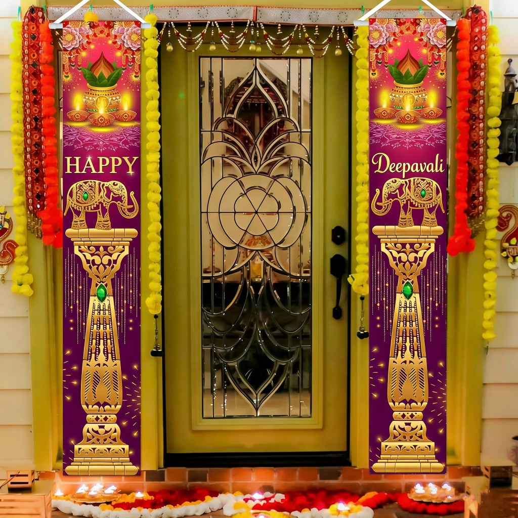 2 Chiếc Happy Deepavali Porch Biểu Ngữ Lễ Hội Ấn Độ Diwali Con Công Trước Hiên Nhà Ký Chào Mừng Lễ H