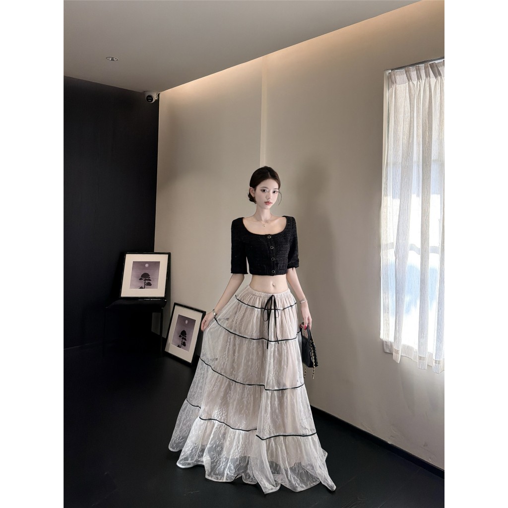 「MOTEL7」Bộ đồ váy ren ngắn tay Tweed phong cách Xiaoxiang