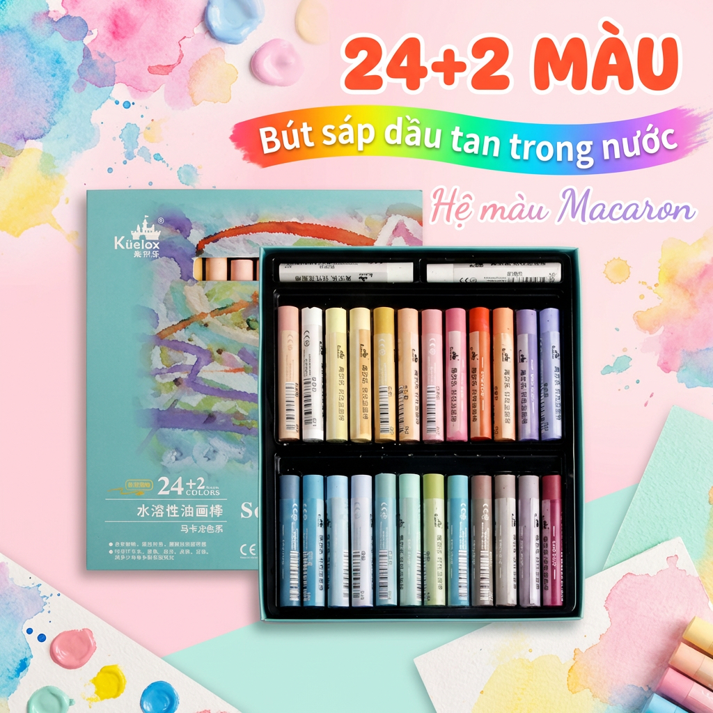 Màu Sáp Dầu Kuelox Soft Oil Pastel 24 Màu Macaron Tan Trong Nước – Mềm Mịn Dễ Tán Màu
