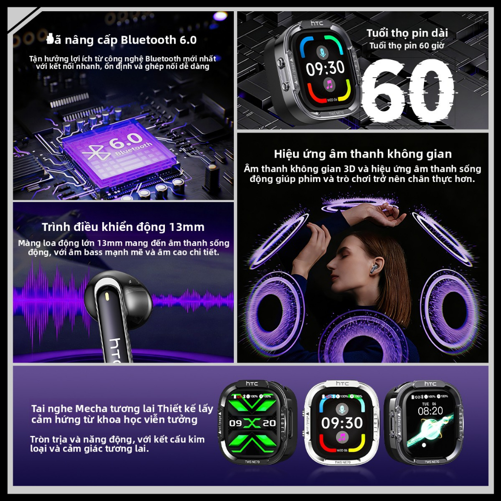 Bảo hành 1 năm HTC NE70 AI Tai nghe dịch thuật Mạ điện Tai nghe kim loại Vỏ dịch thời gian thực Tai nghe BluetoothTWS Bluetooth 6.0 Chất lượng âm thanh HiFi Tai nghe không dây chống nước IPX5 | BigBuy360 - bigbuy360.vn
