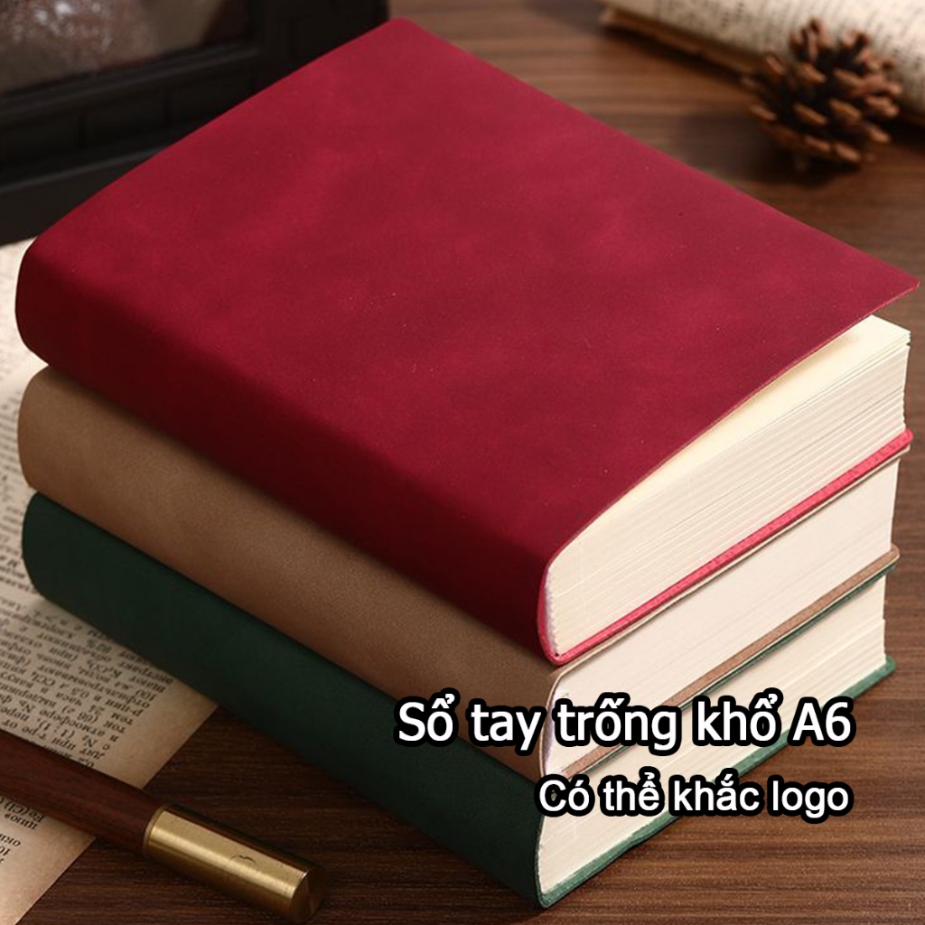 (Có thể khắc logo) Sổ tay da dày dặn khổ A6, các trang bên trong để trống, thích hợp làm sổ học sinh