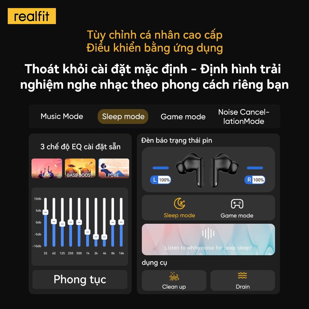 [Điều khiển ứng dụng] Tai nghe Bluetooth Realfit F3 Ultra -45dB ANC khử tiếng ồn Tai nghe nhét tai TWS có Mic 360° Âm thanh không gian IPX5 Điện tử chống nước | BigBuy360 - bigbuy360.vn