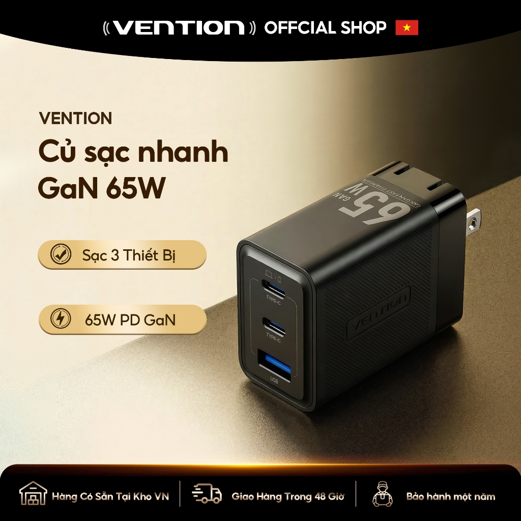 Vention Củ sạc nhanh GaN 65W -  3 cổng (2 USB-C + 1 USB-A) hỗ trợ PD 3.0, QC 4.0, PPS -  Sạc Nhanh L