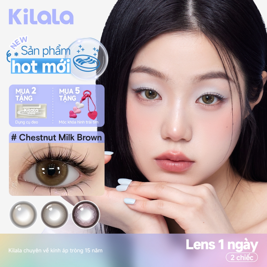 Kính áp tròng Kilala lens 1 ngày màu xám  DIA 14.2mmChestnut Milk Brown/OatMilk Grey lens cận có độ 