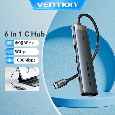 Hub USB C Vention với HDMI 4K, Bộ chuyển đổi đa cổng Type C 5 trong 1, Giao hàng nguồn 100W, Dock Thunderbolt 3 với 3 cổng USB 3.0
