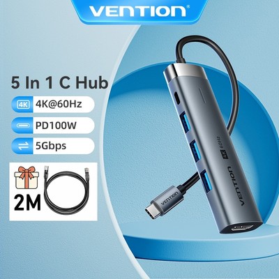 Hub USB C Vention 5 trong 1 cổng với 4k 60hz 5Gbps PD100w C sang HDMI USB 3.0 cho máy tính xách tay